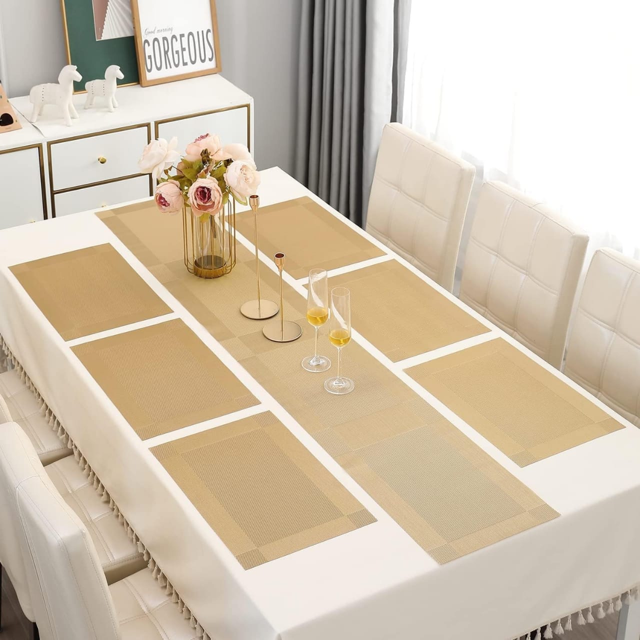 7 pcs New Gold Brown Table Runner With Mat